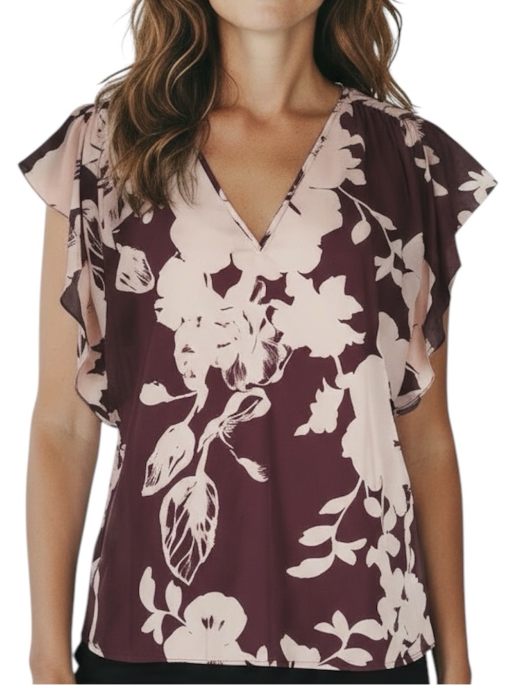 NWT WHITE HOUSE BLACK MARKET Floral V-Neck Flutter Sleeve Blouse Size Large